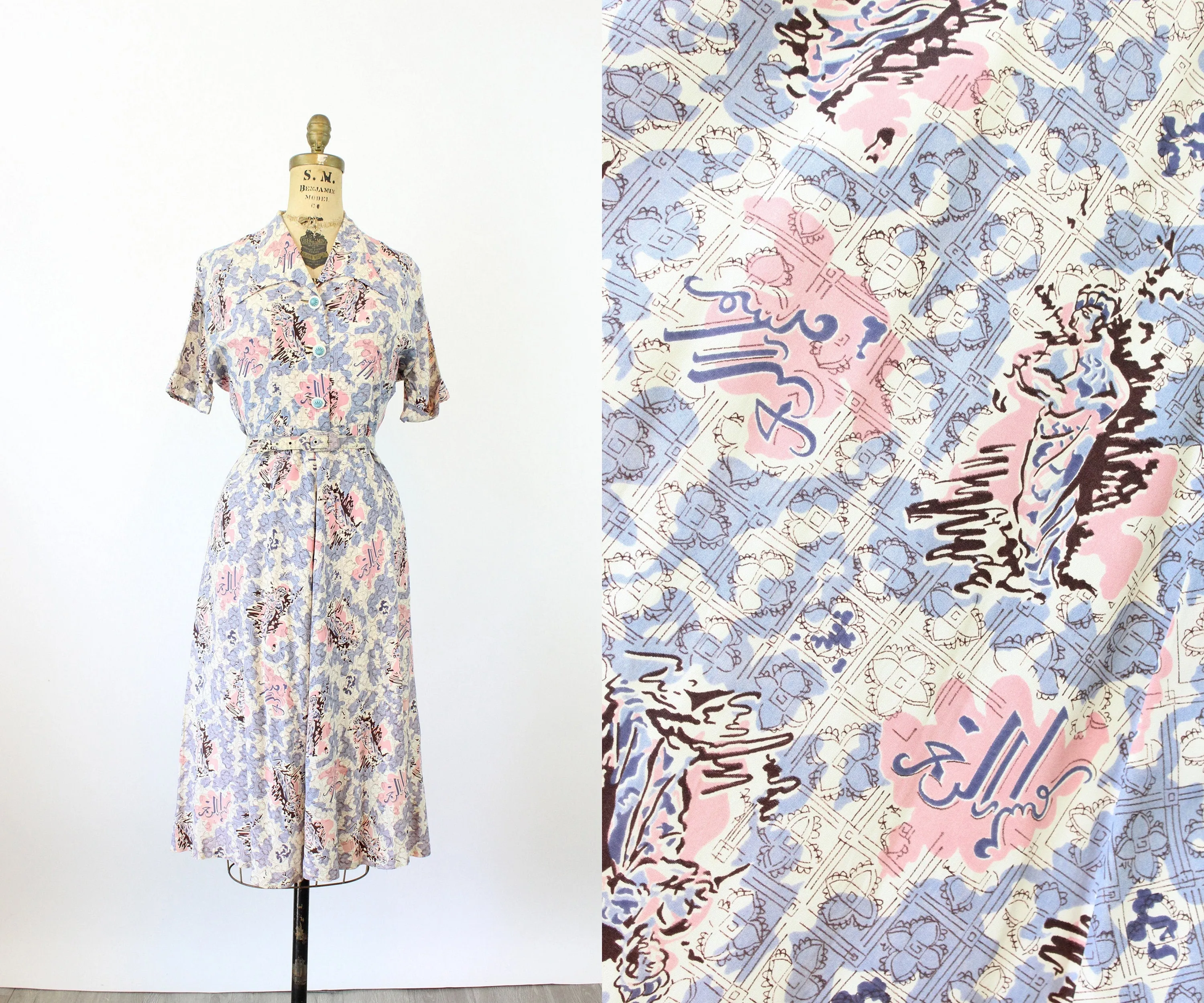 1940s WOMEN STATUE novelty print dress medium | new spring