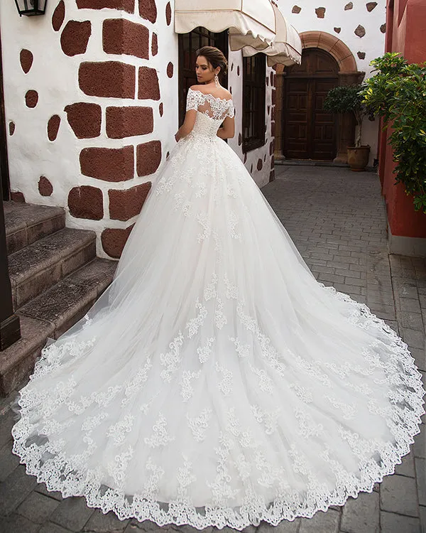 2019 Fashion Lace Wedding Dresses Short Sleeve Off The Shoulder Modest Lace Bridal Gowns for Wedding