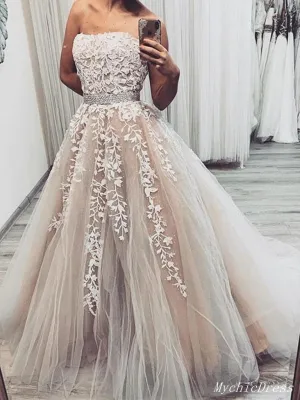 A Line 2025 Champagen Lace Prom Dresses Strapless Beaded Belt Zipper Back