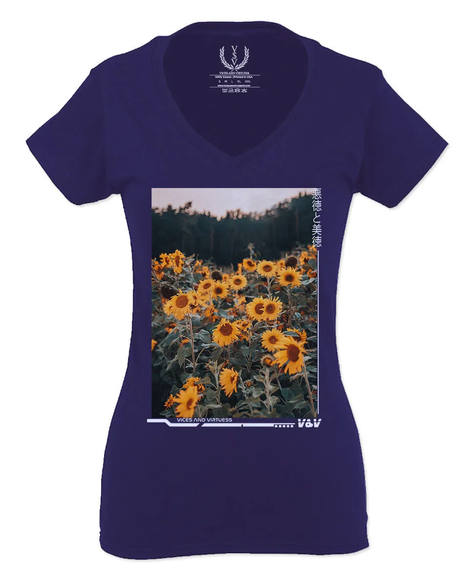 Aesthetic Cute Floral Sunflower Botanical Print Graphic Fashion For Women V neck fitted T Shirt