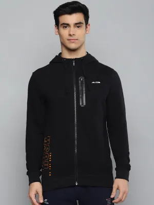 Alcis Men Black Solid Hooded Sweatshirt with Printed Details