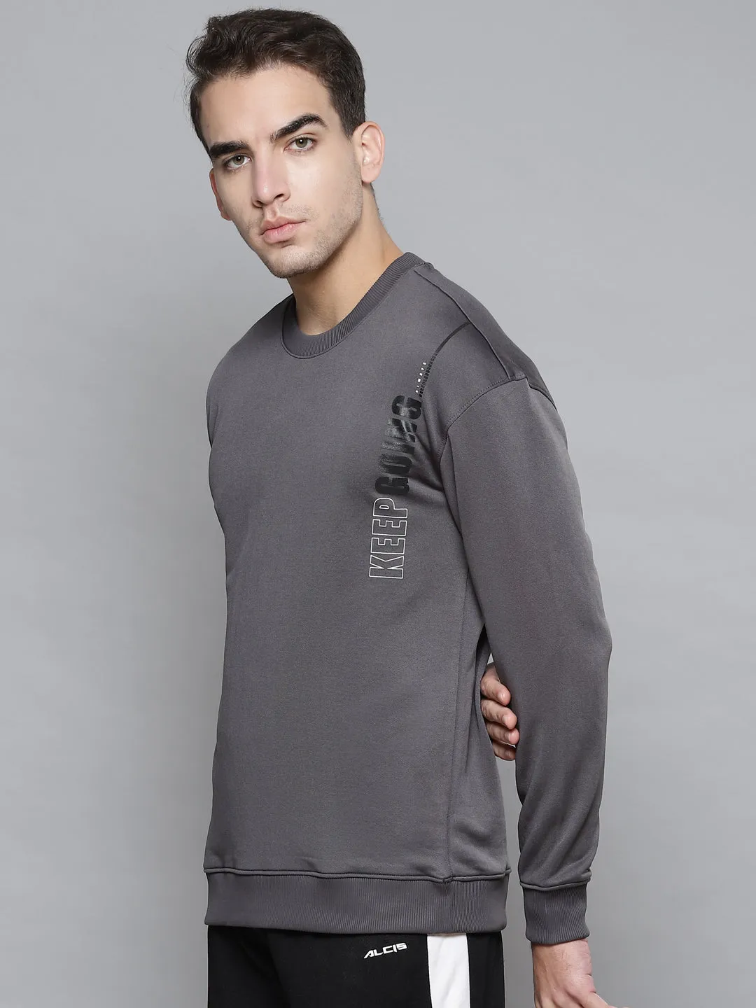 Alcis Men Grey Solid Round Neck Sweatshirt with Print Detail