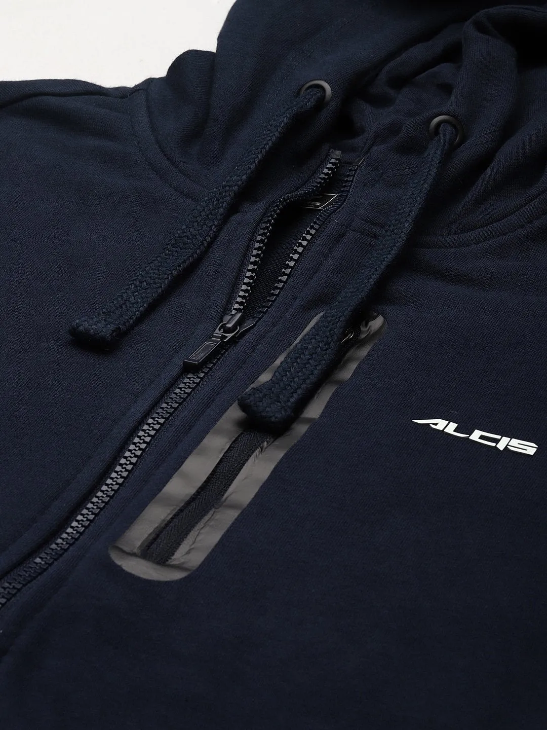 Alcis Men Navy Blue Solid Hooded Sweatshirt with Printed Details