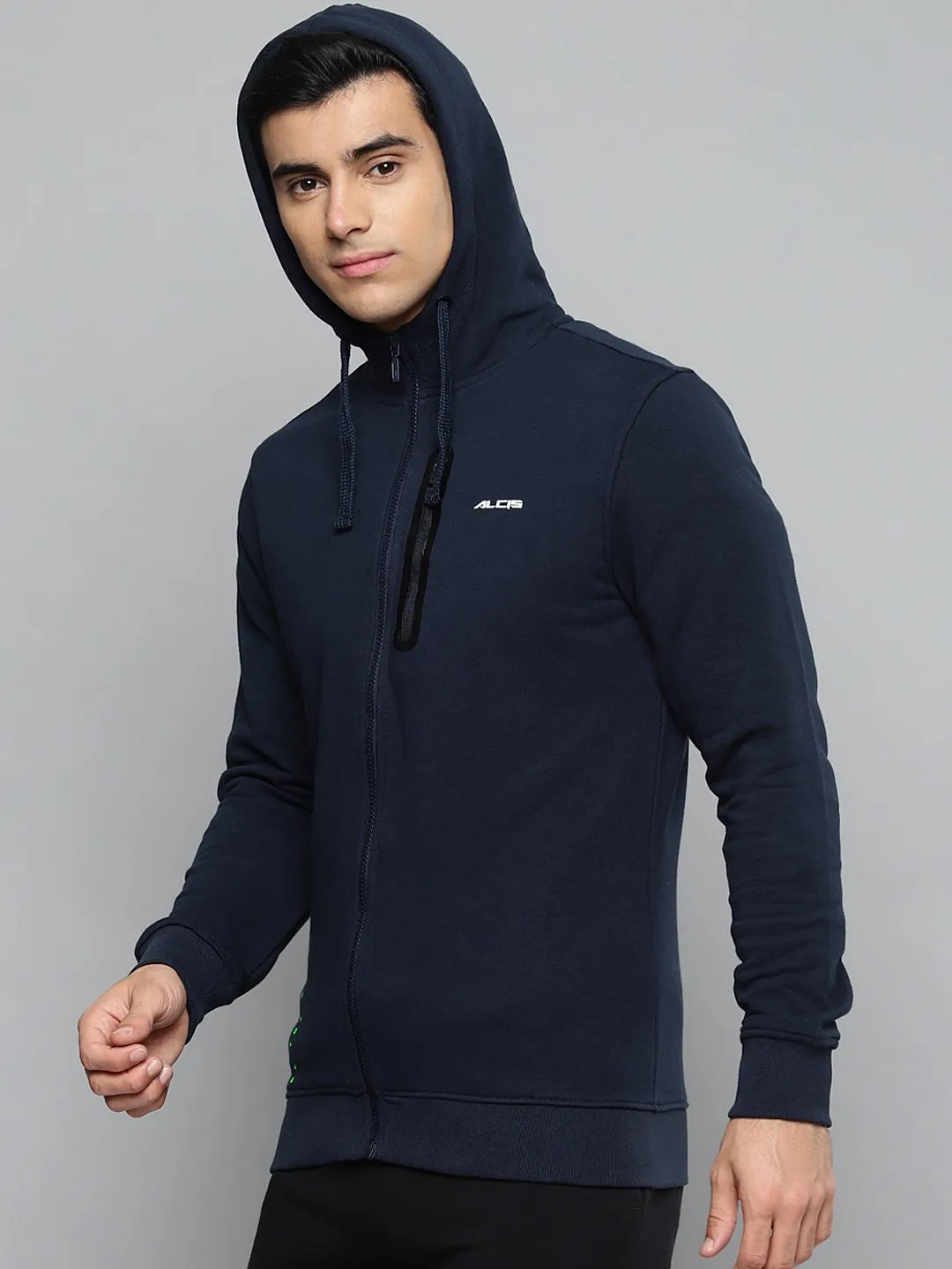 Alcis Men Navy Blue Solid Hooded Sweatshirt with Printed Details