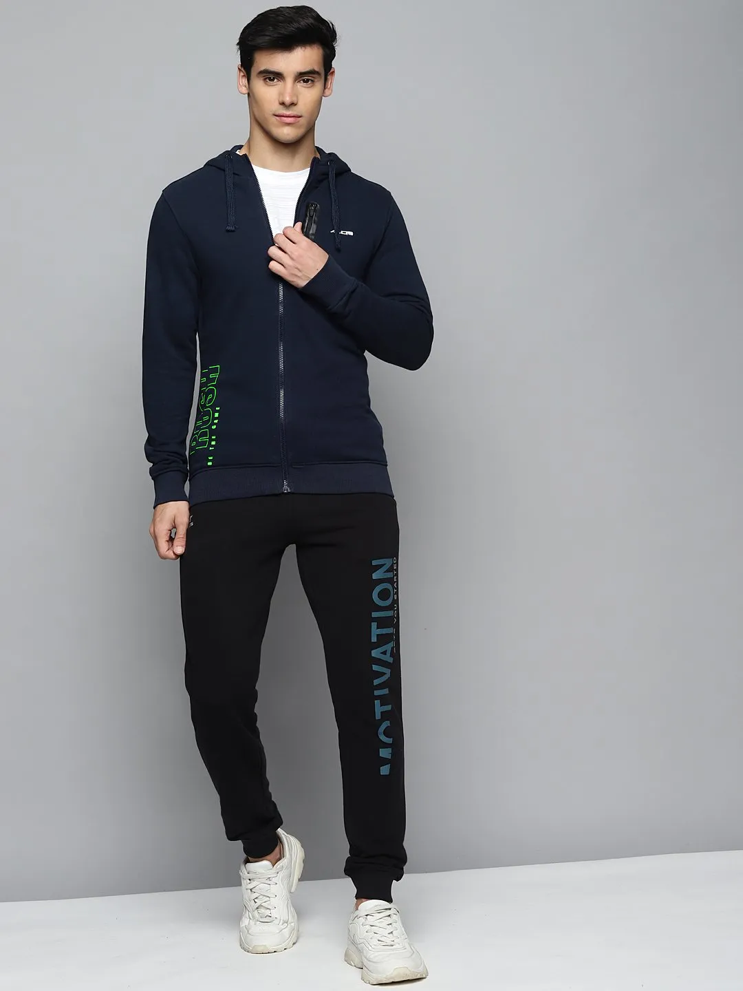 Alcis Men Navy Blue Solid Hooded Sweatshirt with Printed Details