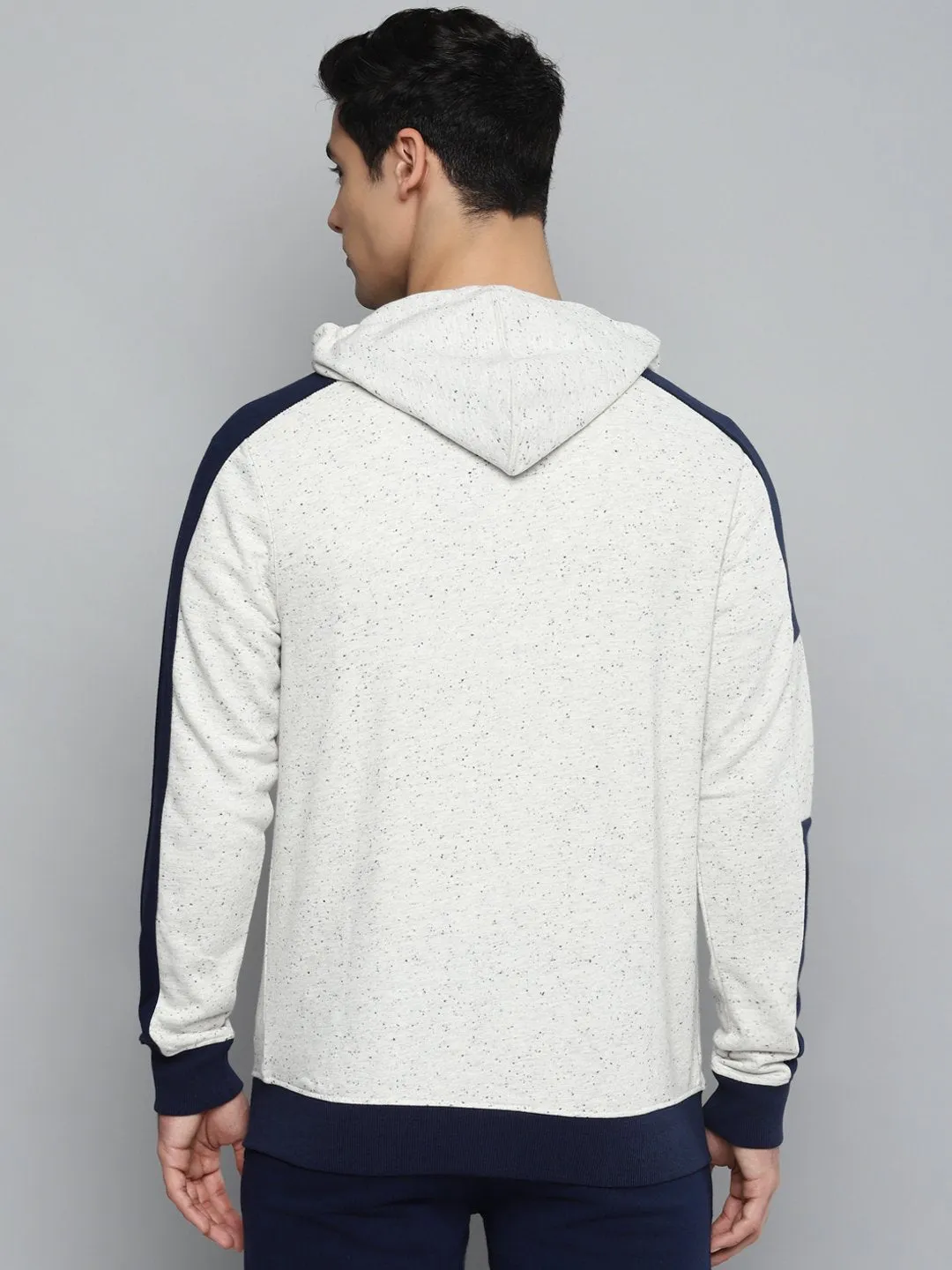Alcis Men Off-White & Navy Blue Typography Printed Cotton Hooded Sweatshirt