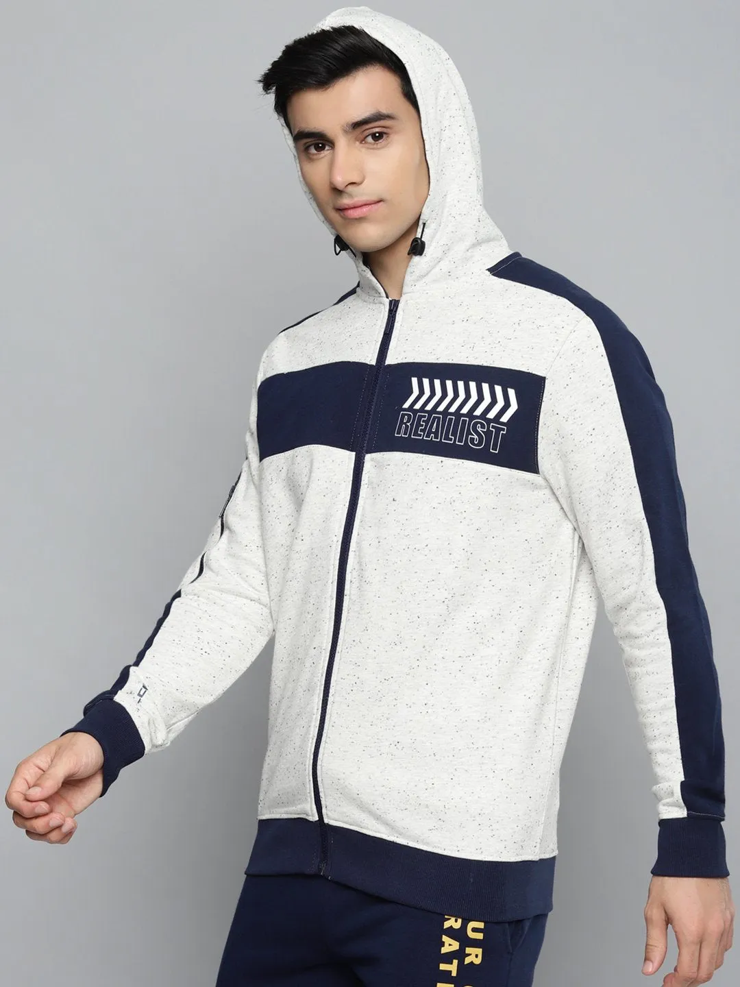 Alcis Men Off-White & Navy Blue Typography Printed Cotton Hooded Sweatshirt