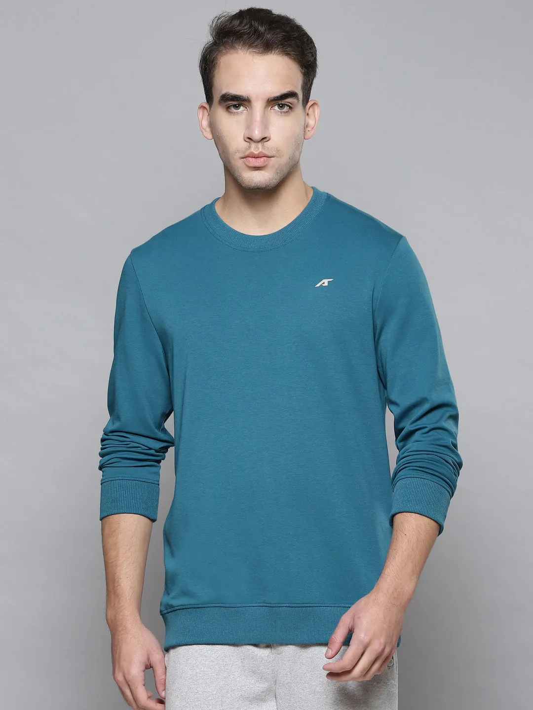 Alcis Men Teal Blue Solid Round Neck Sweatshirt