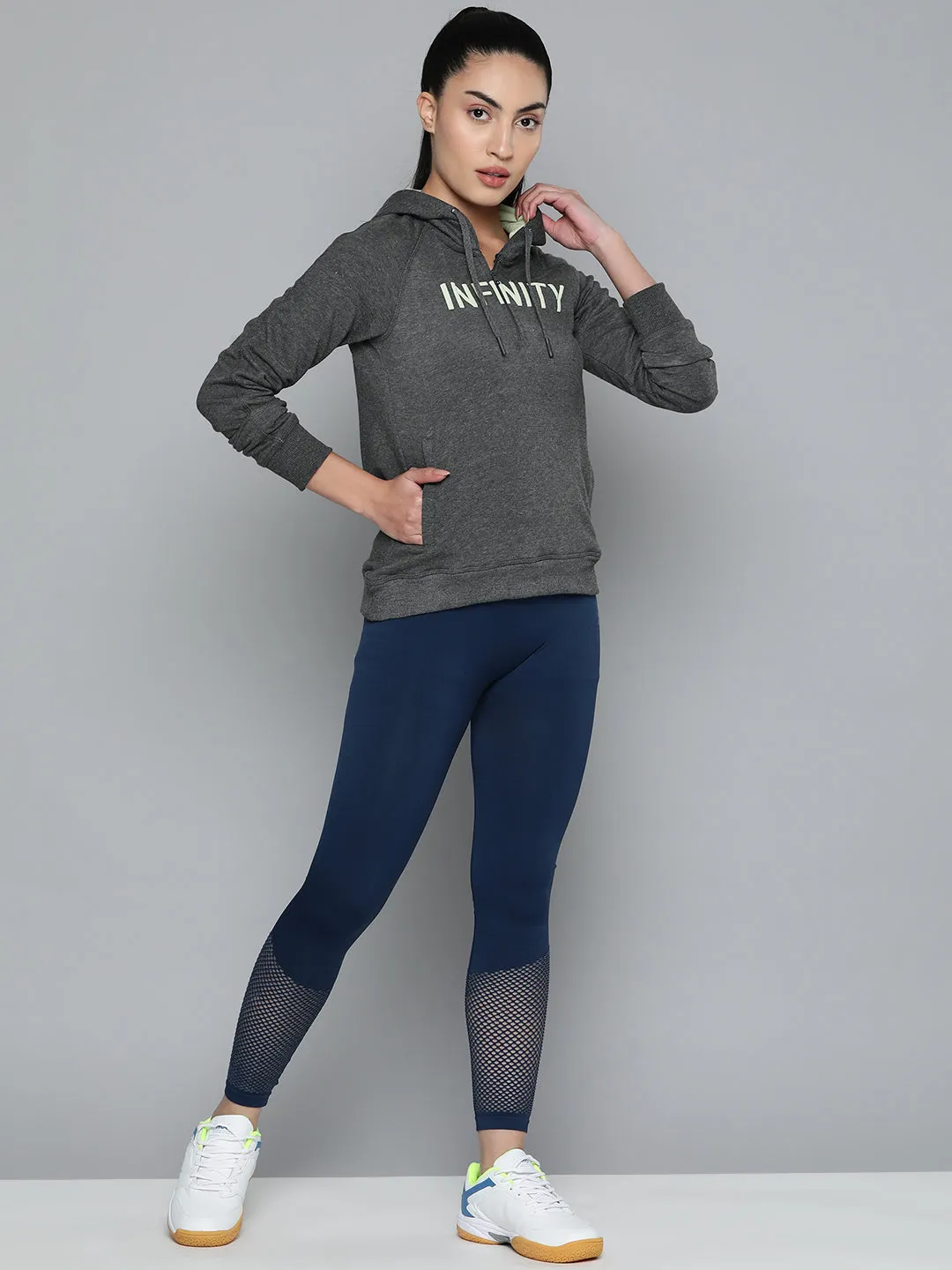 Alcis Women Charcoal Grey White Typography Printed Hooded Sweatshirt