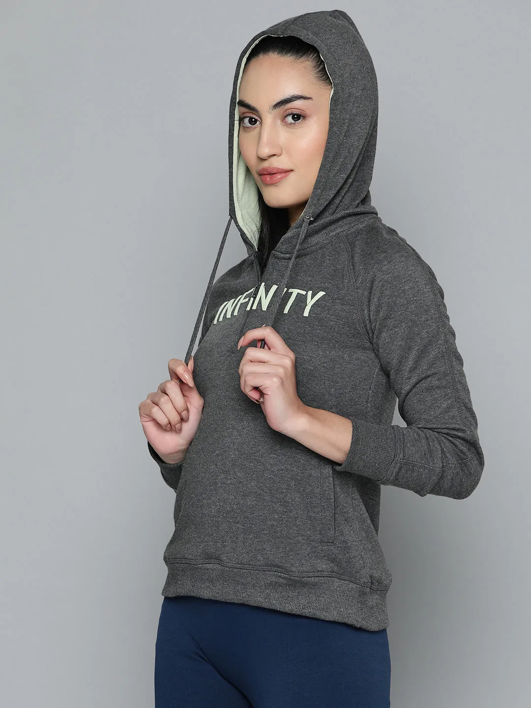 Alcis Women Charcoal Grey White Typography Printed Hooded Sweatshirt