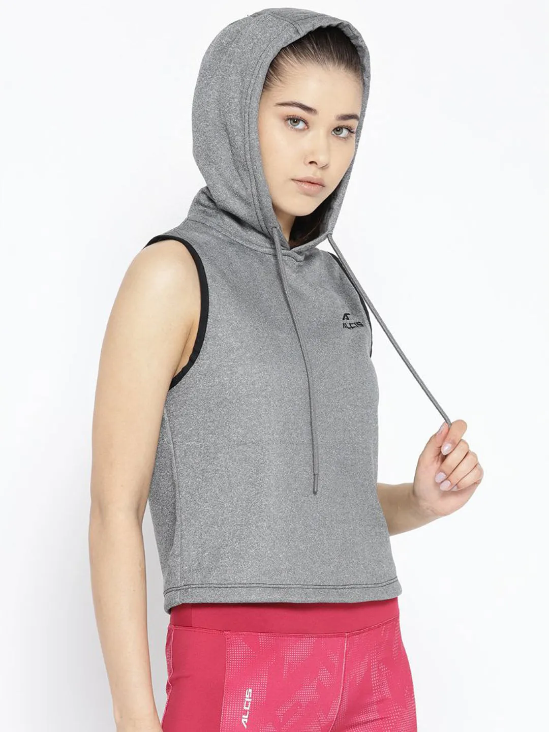 Alcis Women Grey Solid Hooded Sleeveless Sweatshirt