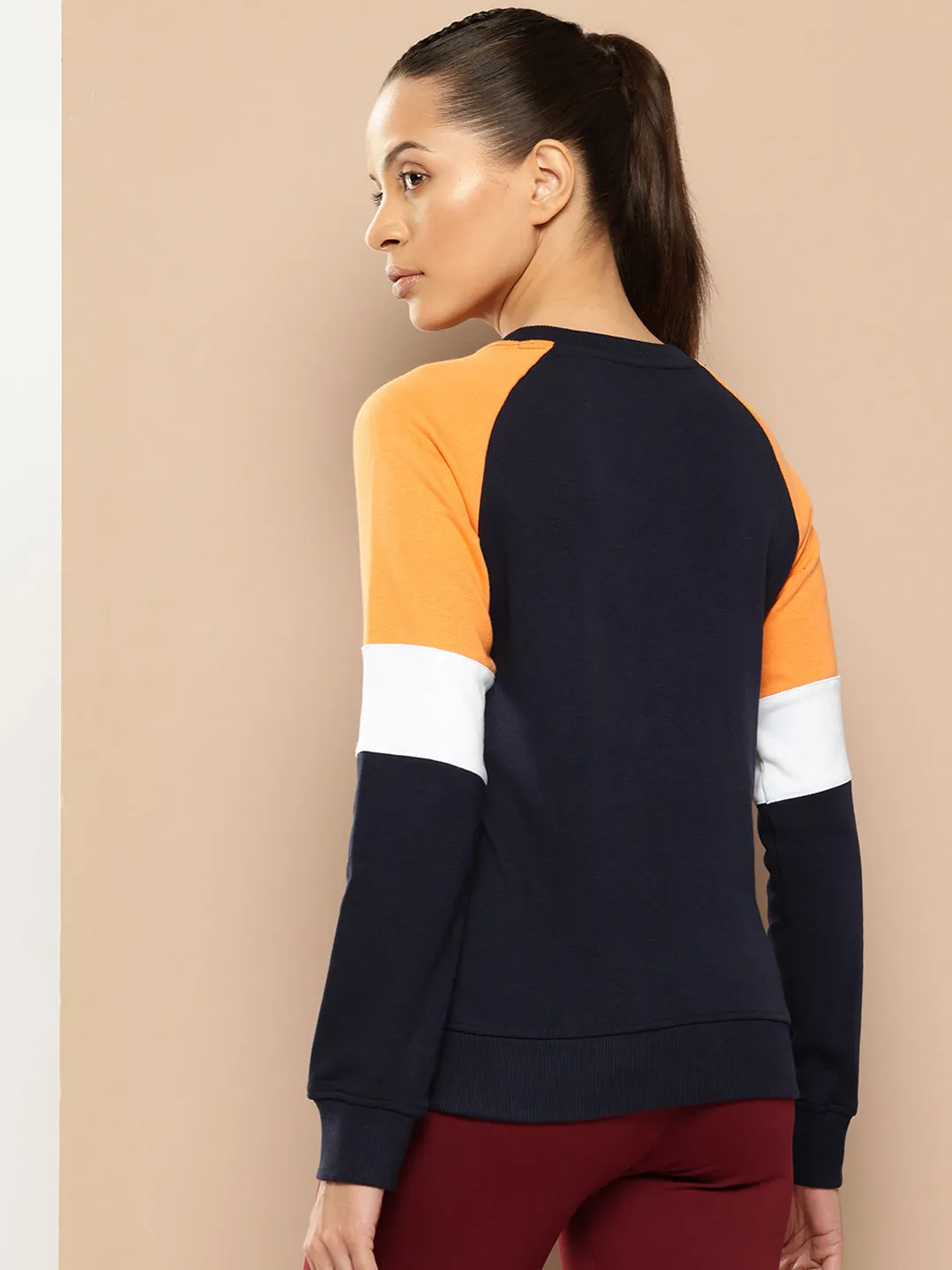 Alcis Women Navy Blue Orange Colourblocked Cotton Sweatshirt with Side Applique Prints