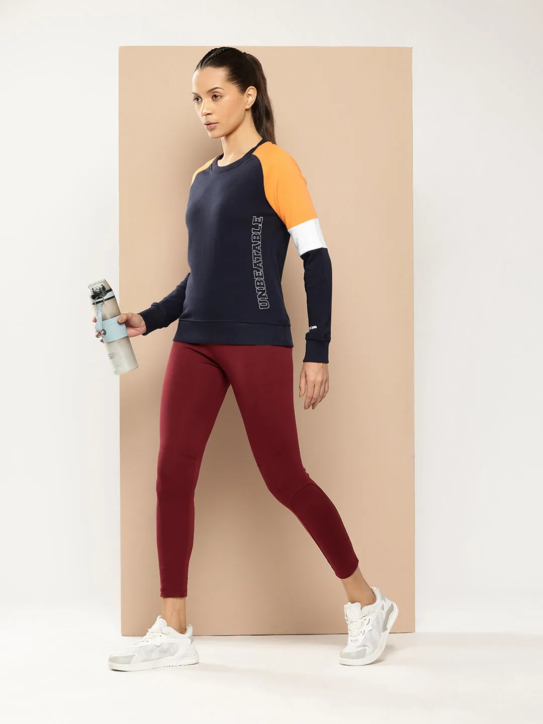 Alcis Women Navy Blue Orange Colourblocked Cotton Sweatshirt with Side Applique Prints