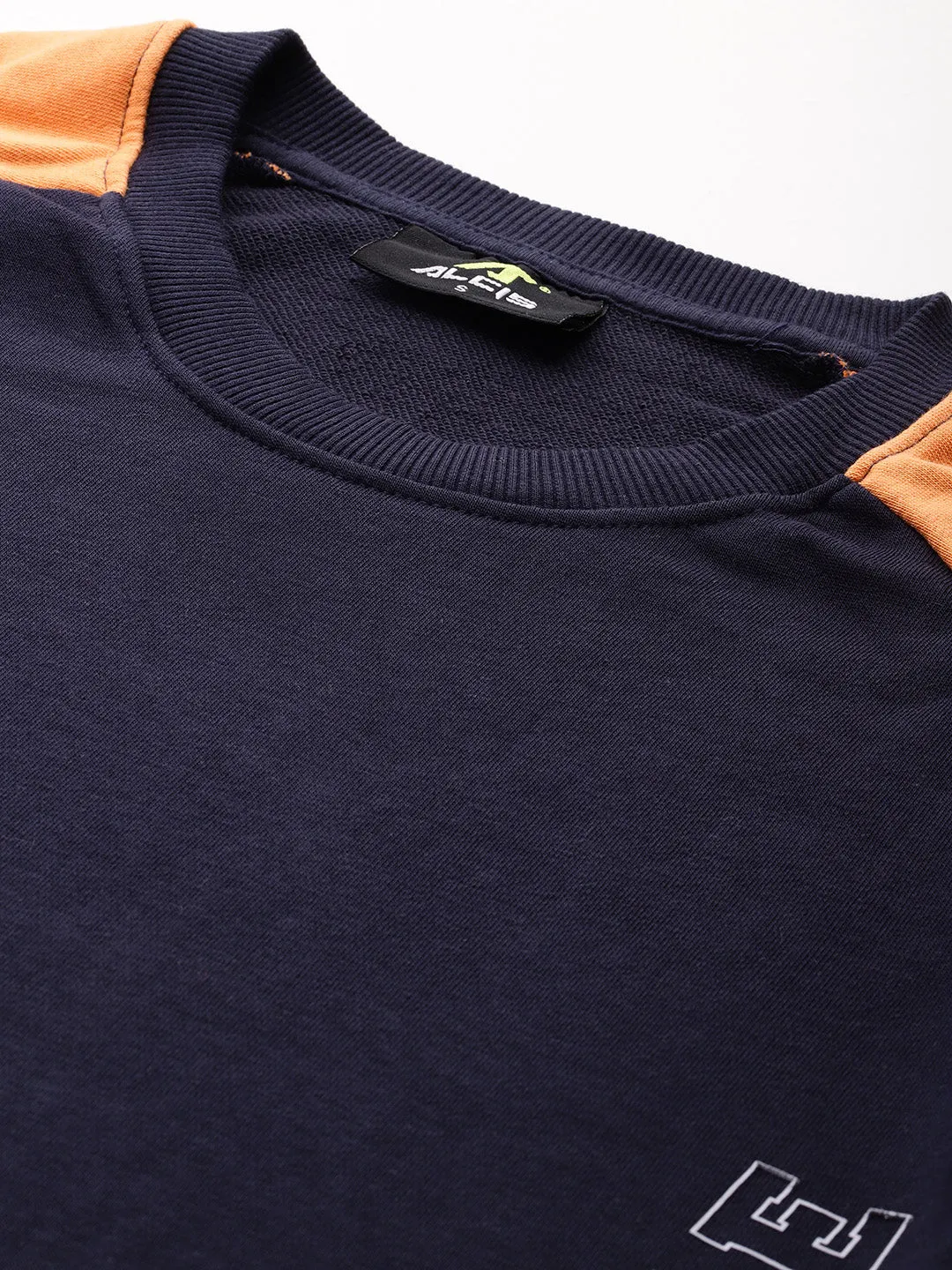 Alcis Women Navy Blue Orange Colourblocked Cotton Sweatshirt with Side Applique Prints