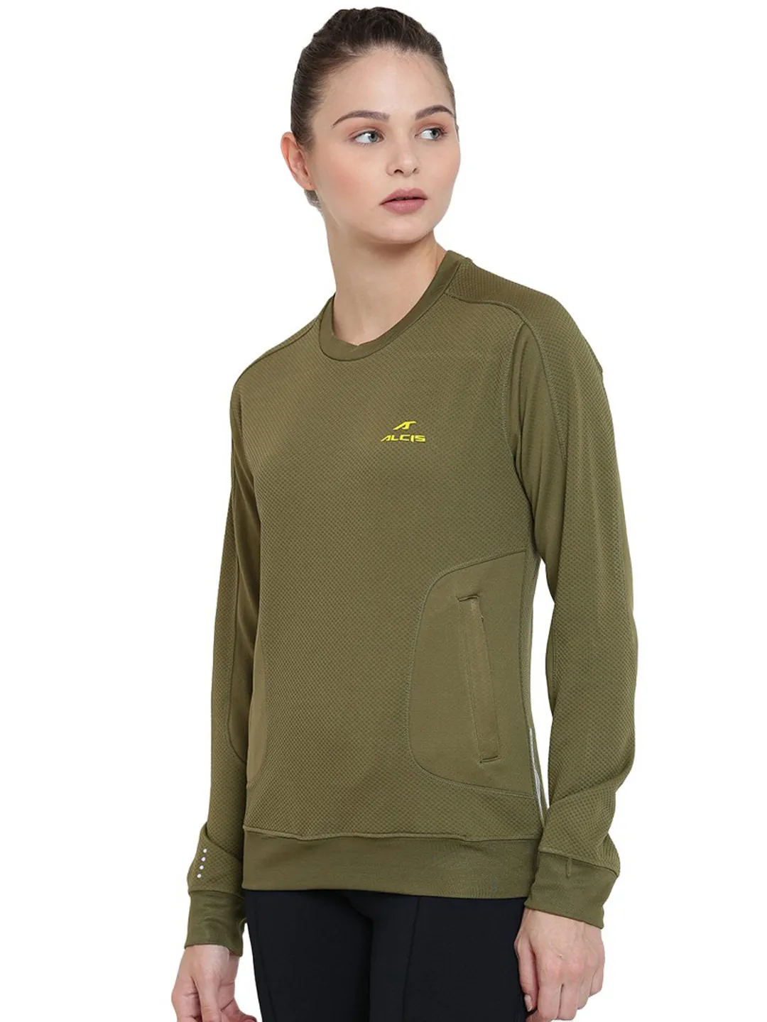 Alcis Women Olive Green Solid Sweatshirt 234WSS071