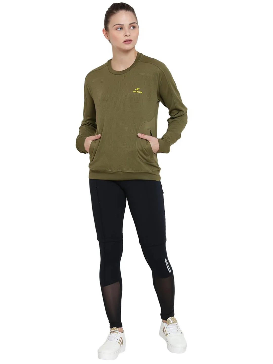 Alcis Women Olive Green Solid Sweatshirt 234WSS071