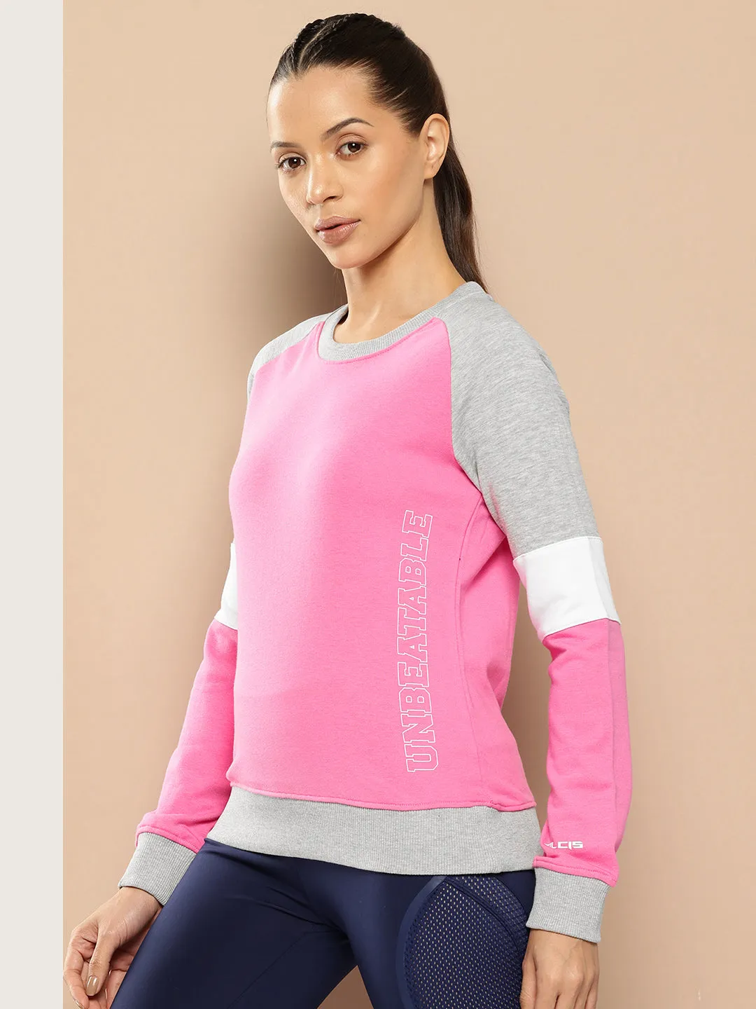 Alcis Women Pink Grey Melange Colourblocked Cotton Sweatshirt with Side Applique Prints