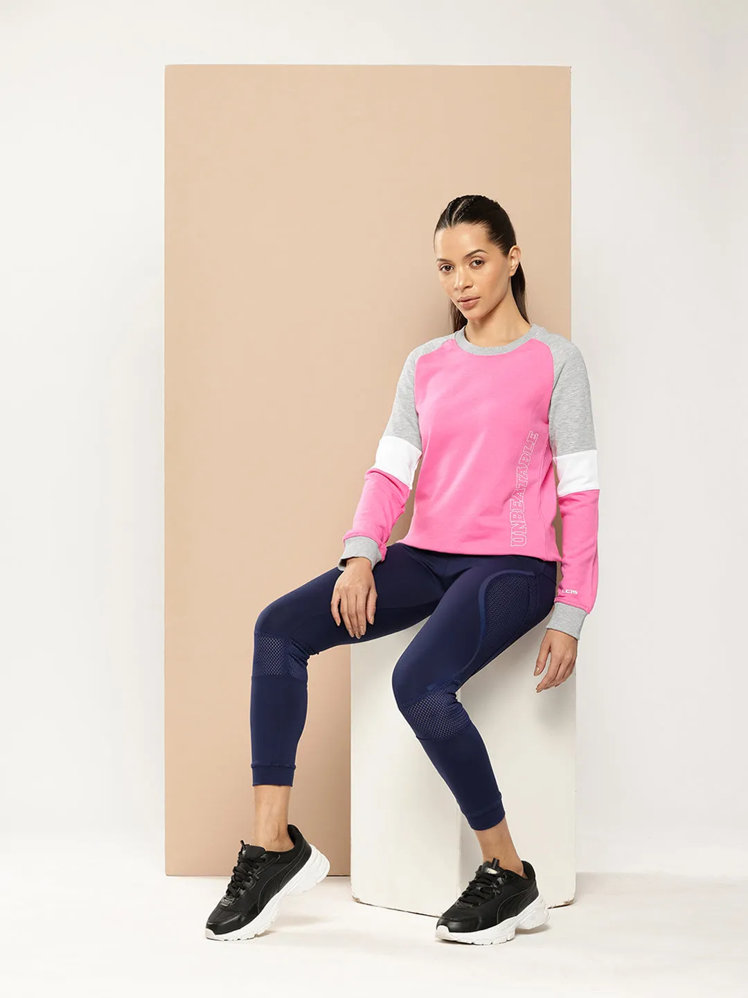 Alcis Women Pink Grey Melange Colourblocked Cotton Sweatshirt with Side Applique Prints