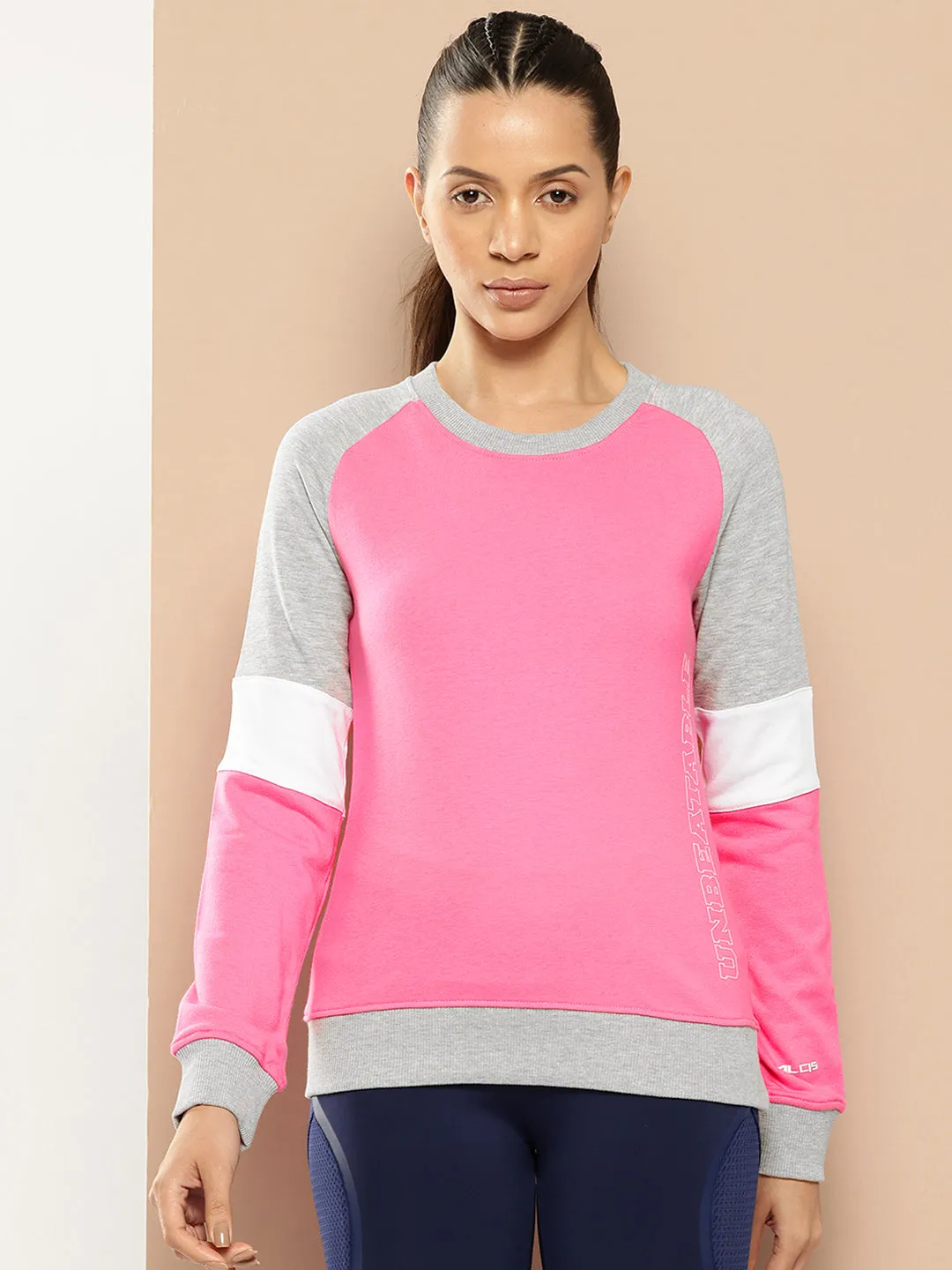 Alcis Women Pink Grey Melange Colourblocked Cotton Sweatshirt with Side Applique Prints