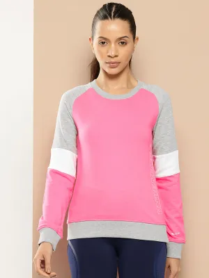 Alcis Women Pink Grey Melange Colourblocked Cotton Sweatshirt with Side Applique Prints