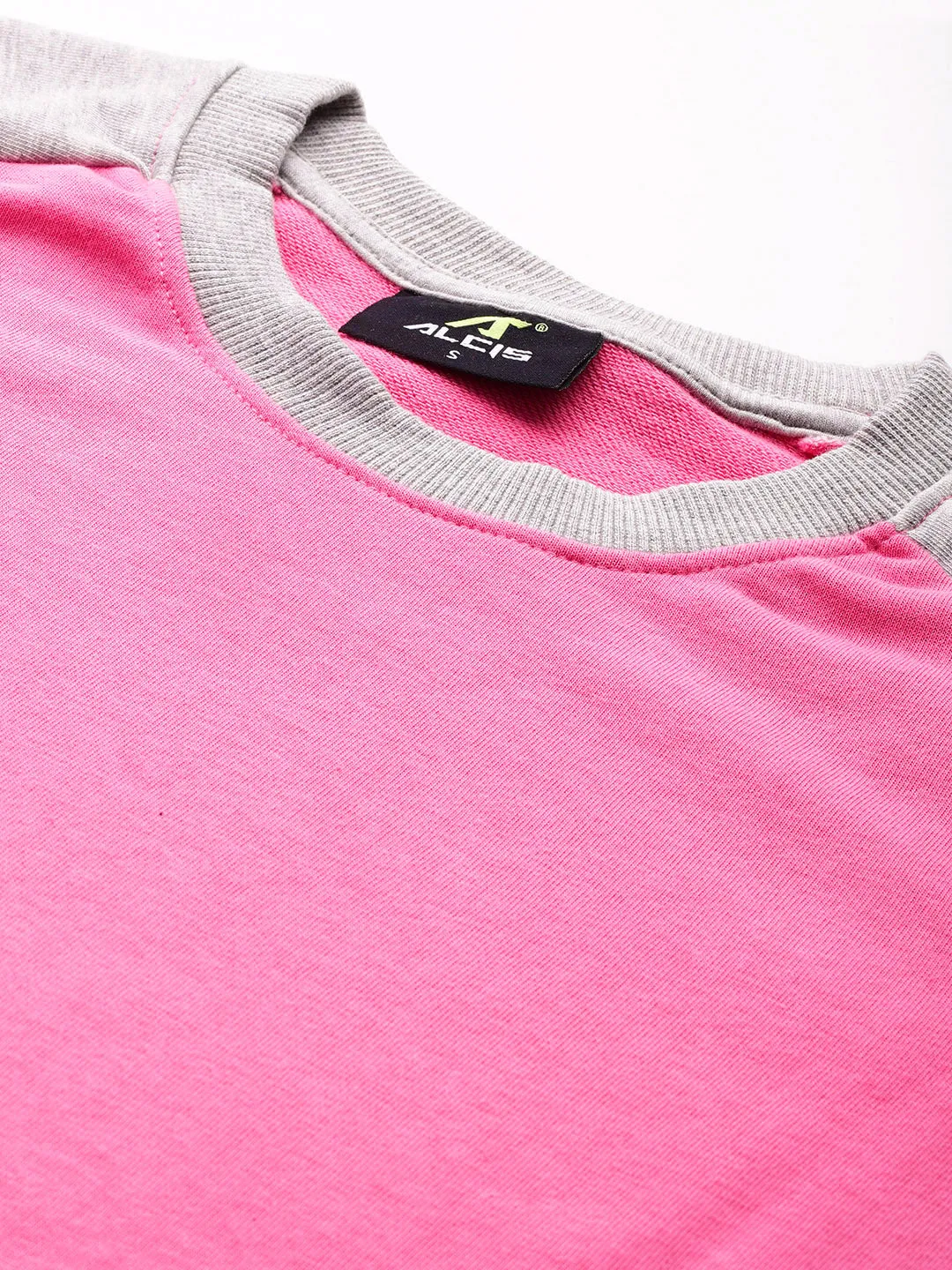 Alcis Women Pink Grey Melange Colourblocked Cotton Sweatshirt with Side Applique Prints