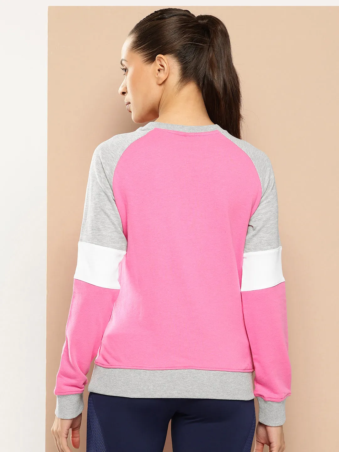 Alcis Women Pink Grey Melange Colourblocked Cotton Sweatshirt with Side Applique Prints