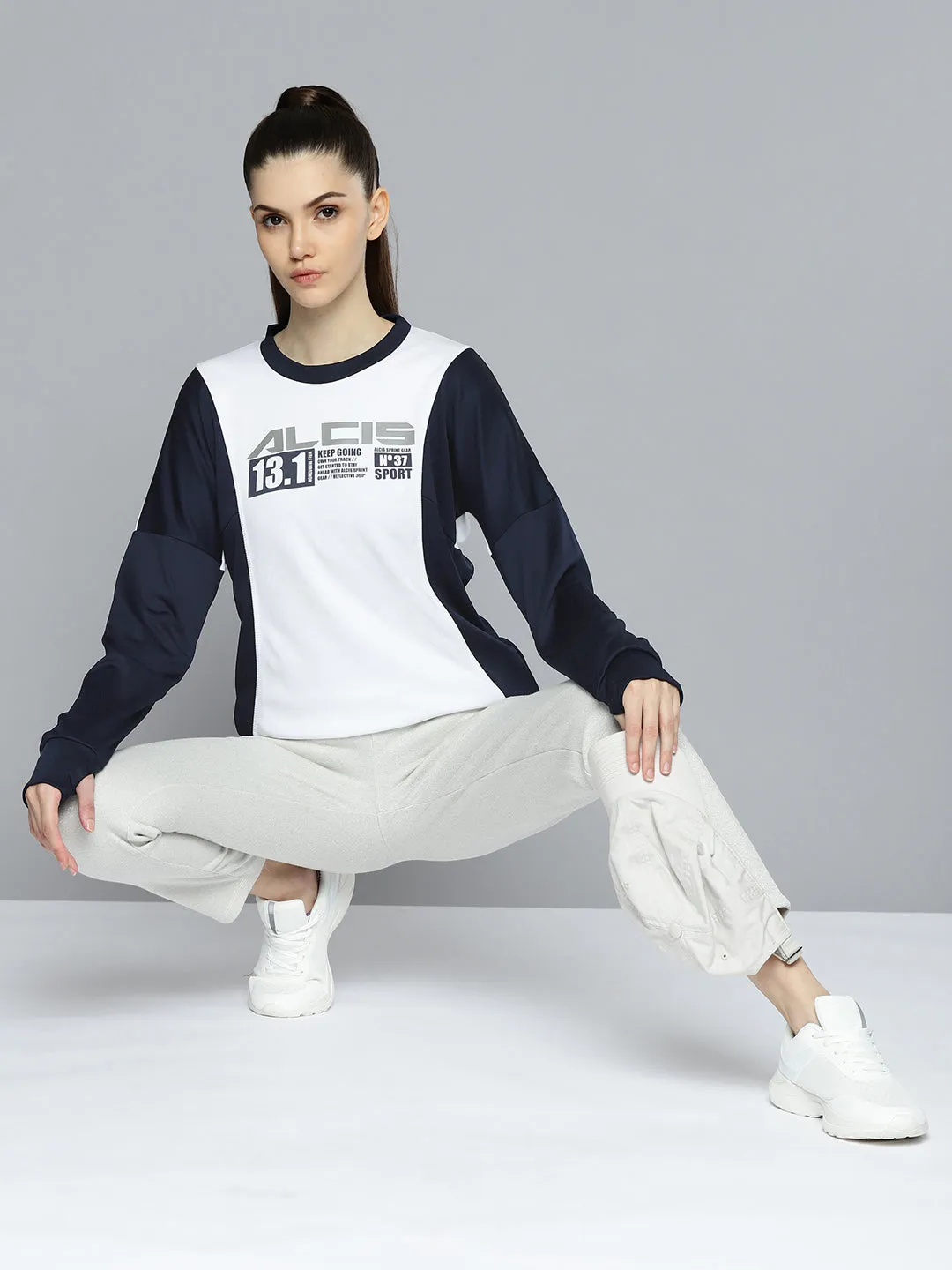 Alcis Women White and Navy Blue Brand Logo Printed Sweatshirt