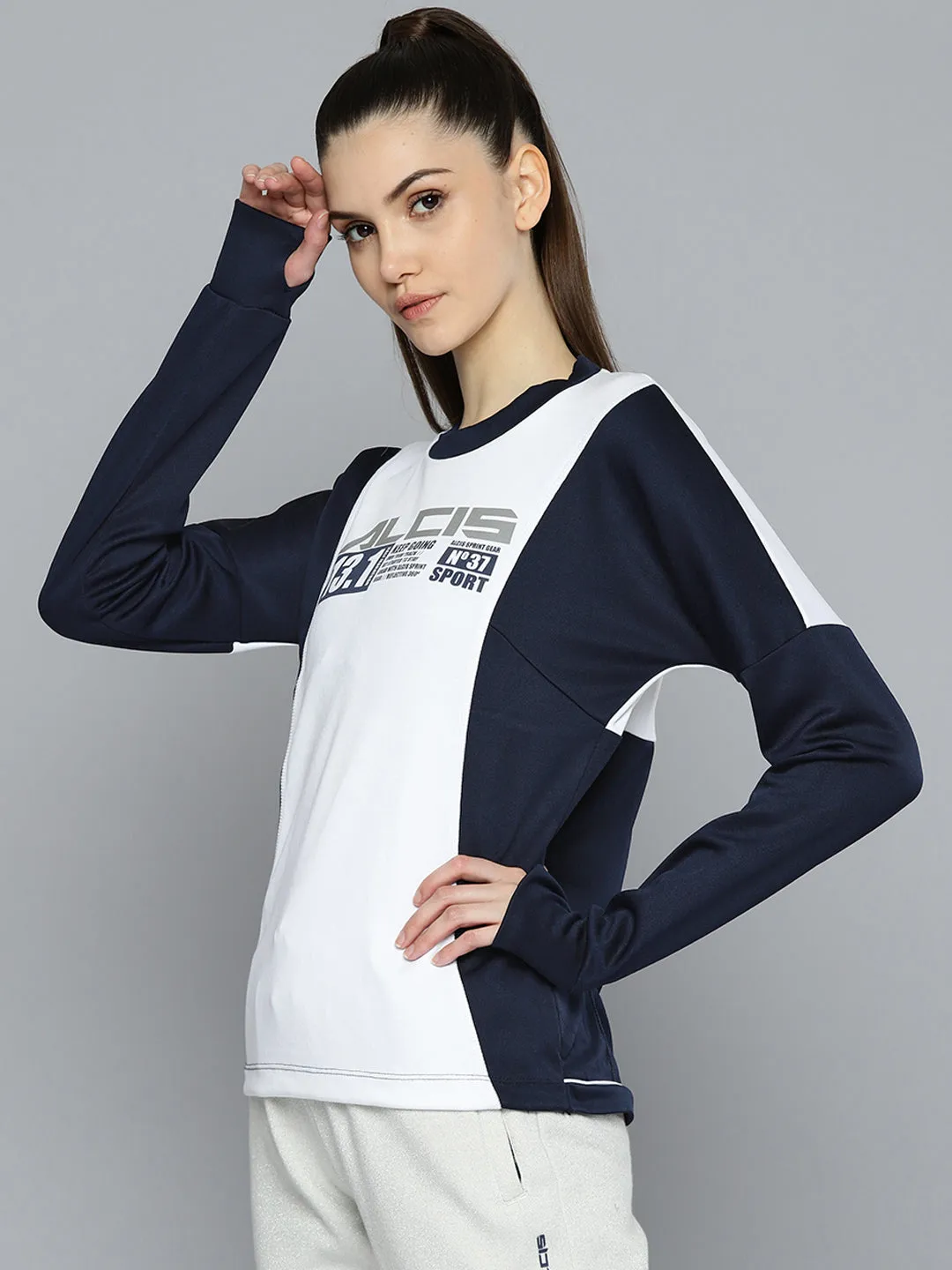 Alcis Women White and Navy Blue Brand Logo Printed Sweatshirt