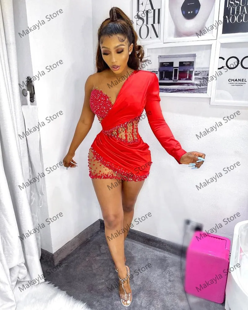 Aso Ebi Style Long Sleeves One Shoulder Sheer See Thru Dress