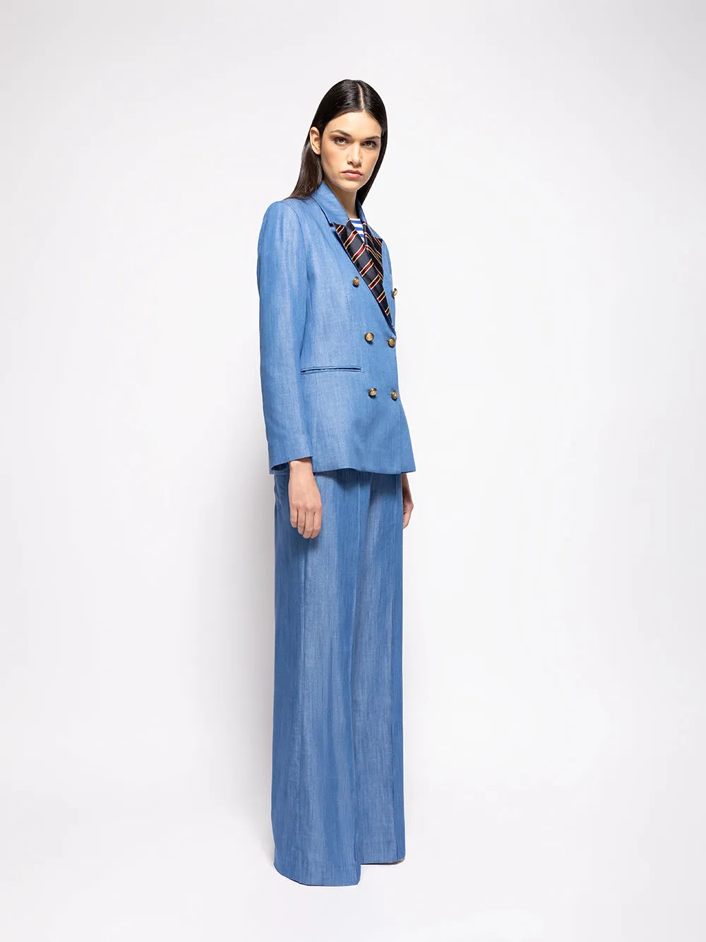 Ava Denim Double-Breasted Blazer with Silk Lapel