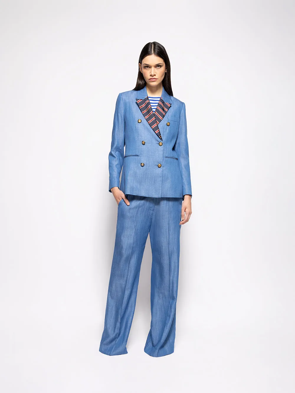 Ava Denim Double-Breasted Blazer with Silk Lapel