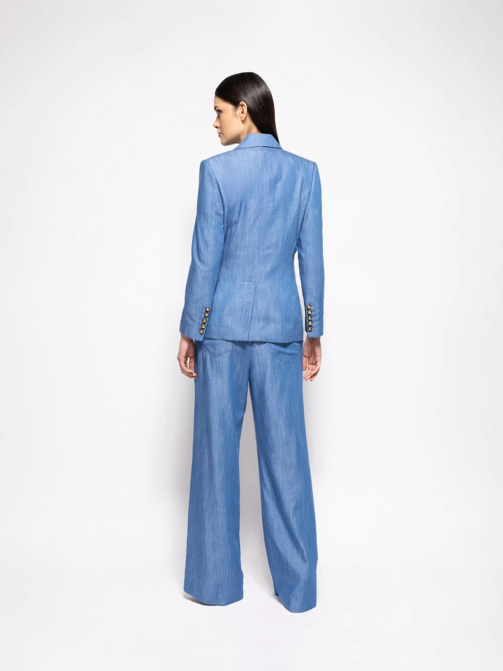 Ava Denim Double-Breasted Blazer with Silk Lapel