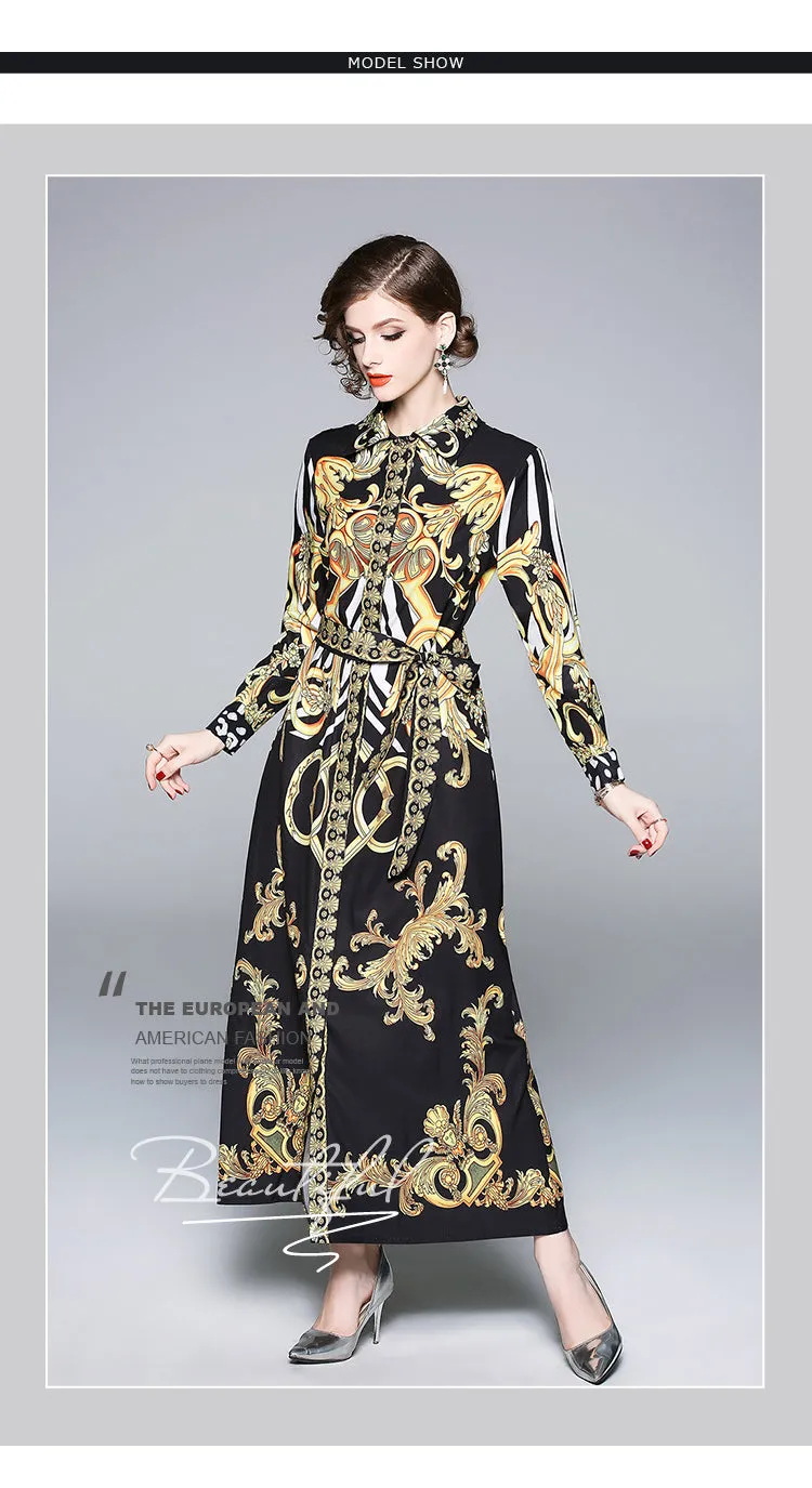 Ava Liam Vintage Luxury Print Lapels Maxi Runway Dresses