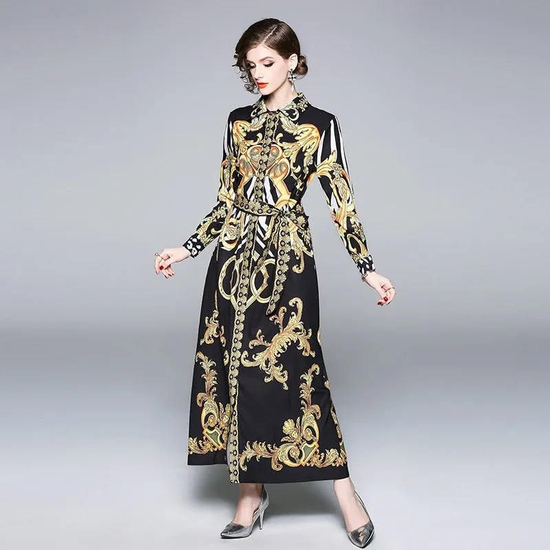 Ava Liam Vintage Luxury Print Lapels Maxi Runway Dresses