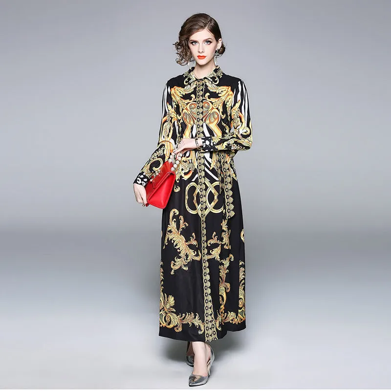 Ava Liam Vintage Luxury Print Lapels Maxi Runway Dresses