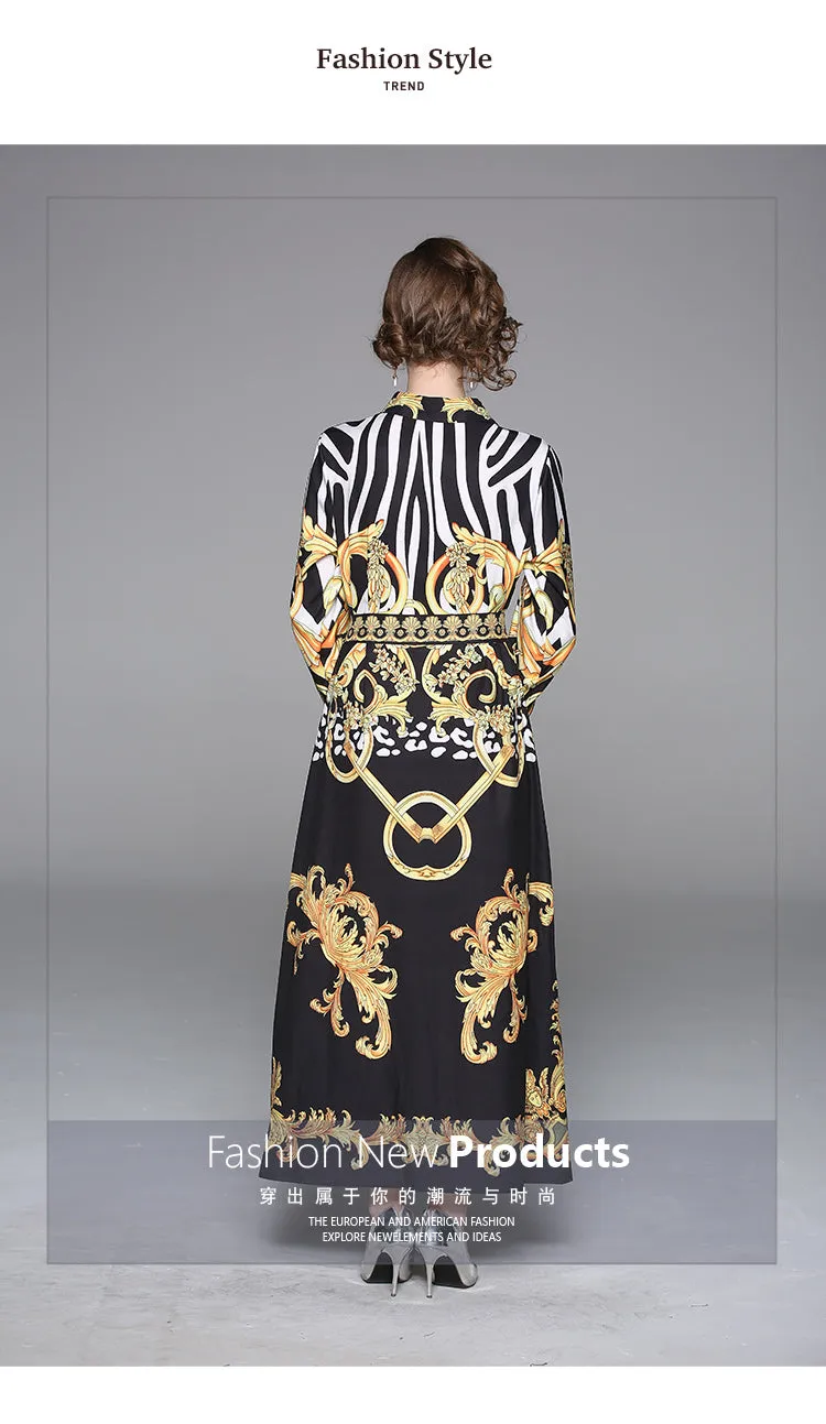 Ava Liam Vintage Luxury Print Lapels Maxi Runway Dresses
