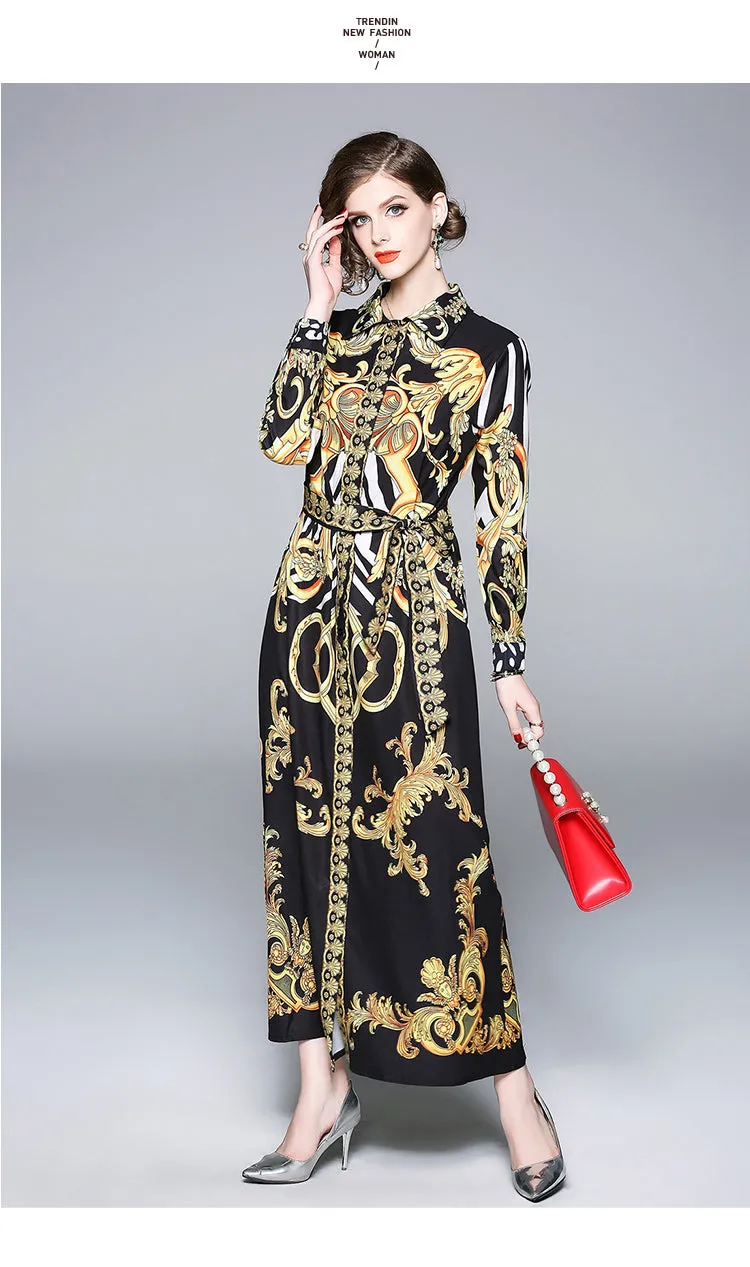 Ava Liam Vintage Luxury Print Lapels Maxi Runway Dresses