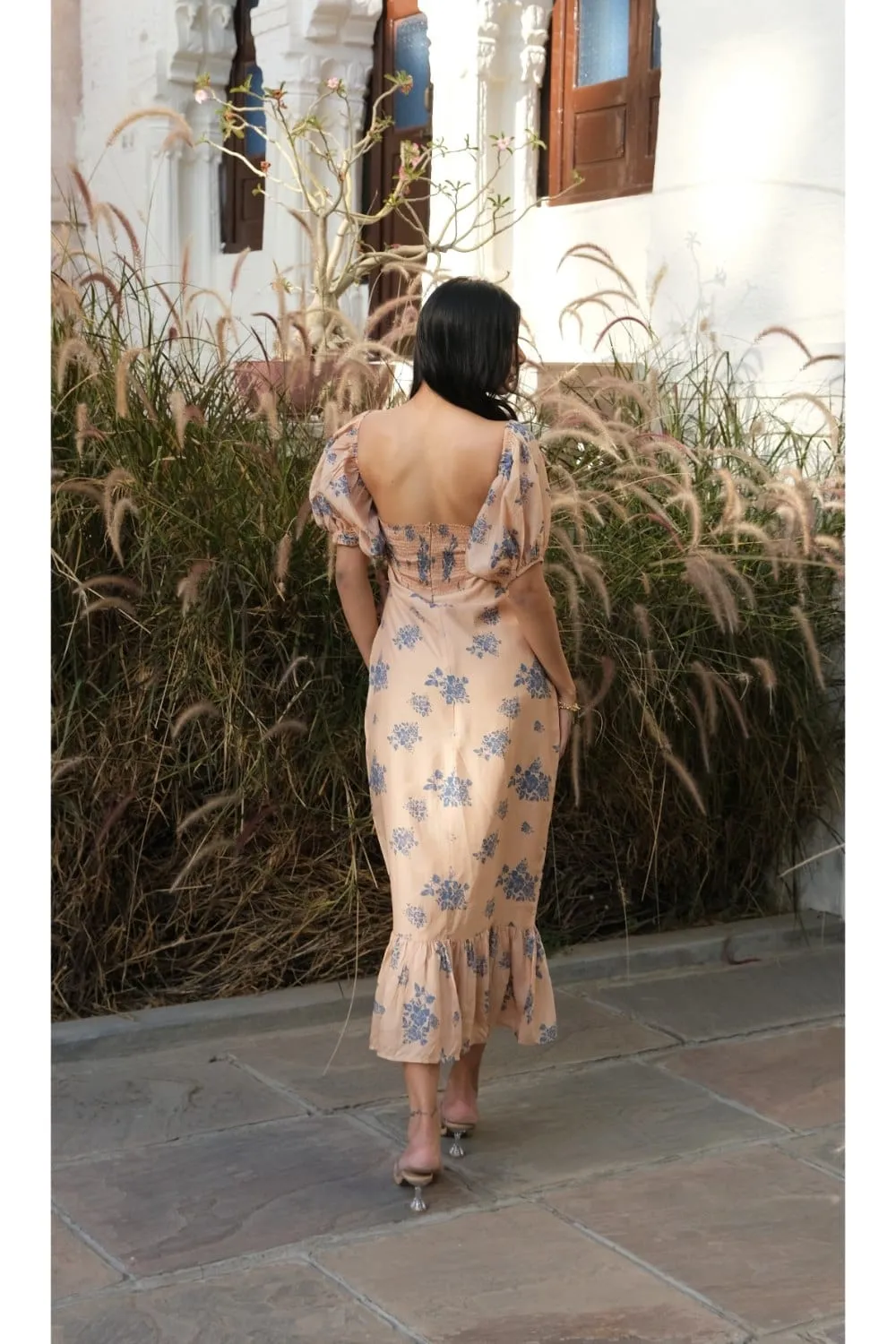 Beige Floral Printed Midi Dress