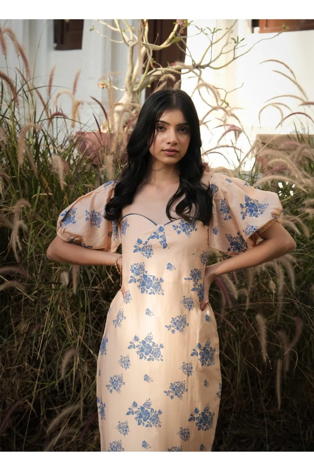 Beige Floral Printed Midi Dress