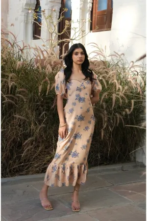 Beige Floral Printed Midi Dress