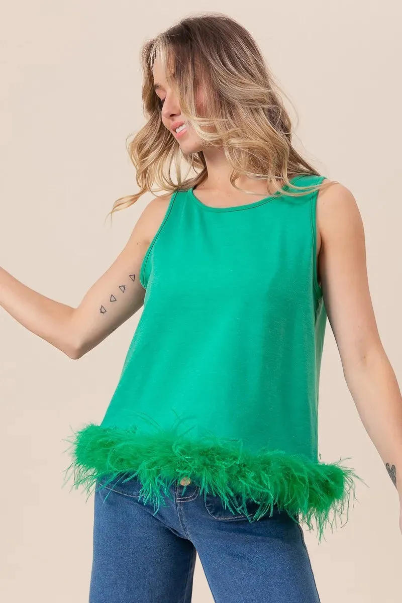 BiBi French Terry Faux Feather Bottom Back Tied Top Fashion