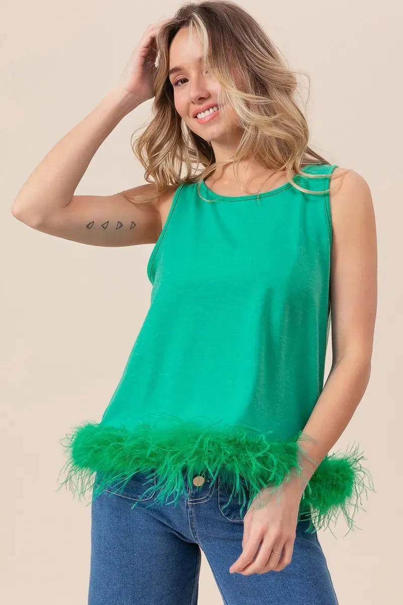 BiBi French Terry Faux Feather Bottom Back Tied Top Fashion