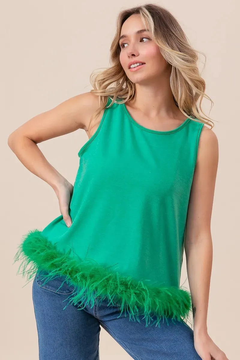 BiBi French Terry Faux Feather Bottom Back Tied Top Fashion