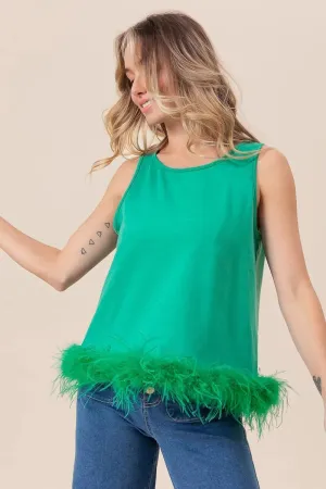 BiBi French Terry Faux Feather Bottom Back Tied Top Fashion