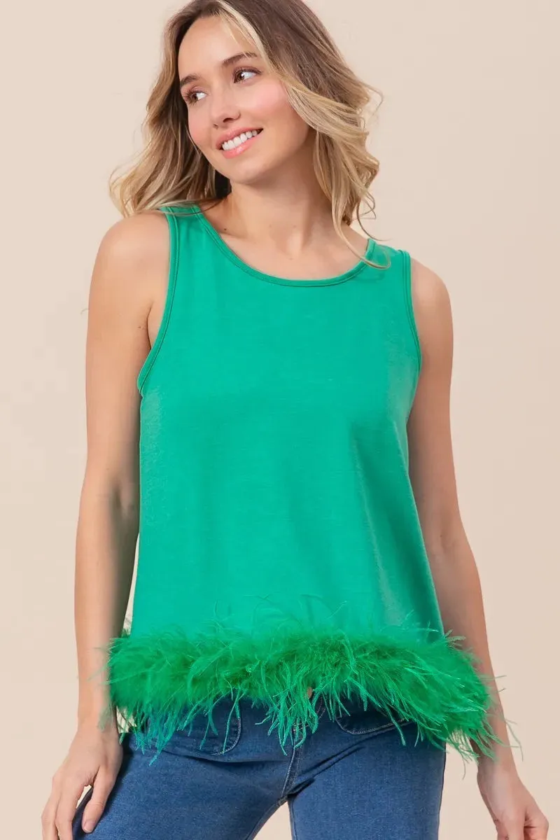 BiBi French Terry Faux Feather Bottom Back Tied Top Fashion