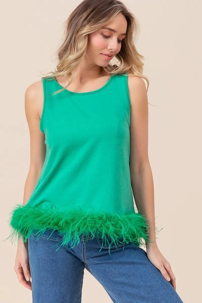 BiBi French Terry Faux Feather Bottom Back Tied Top Fashion