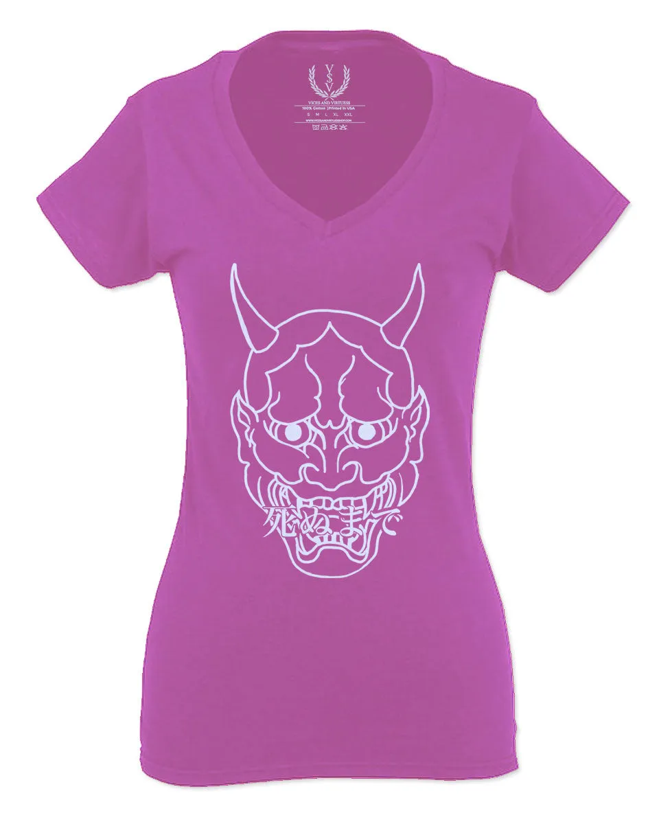 BIG Japanese Art White Demon Hannya Graphic Traditional Till Death Vibes Anime For Women V neck fitted T Shirt