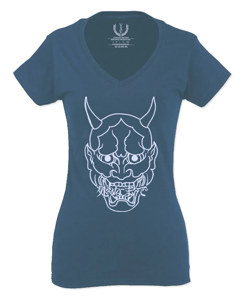 BIG Japanese Art White Demon Hannya Graphic Traditional Till Death Vibes Anime For Women V neck fitted T Shirt