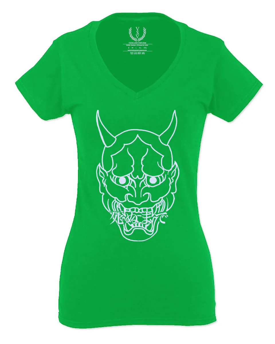 BIG Japanese Art White Demon Hannya Graphic Traditional Till Death Vibes Anime For Women V neck fitted T Shirt