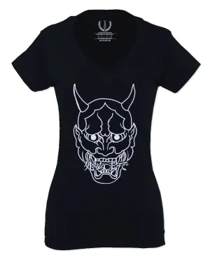 BIG Japanese Art White Demon Hannya Graphic Traditional Till Death Vibes Anime For Women V neck fitted T Shirt